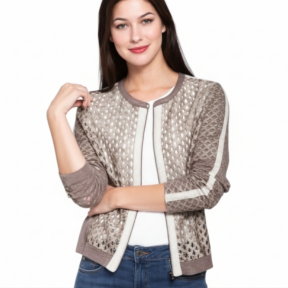 Tuzzi Perforated Jacket Women 12 Taupe Full Zip Minimalist